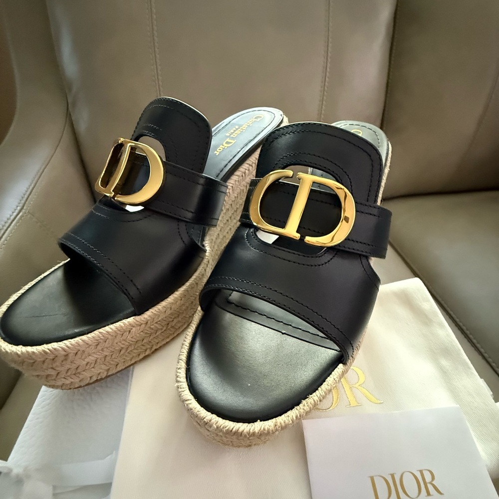 Dior Black and Gold Wedge Sandals